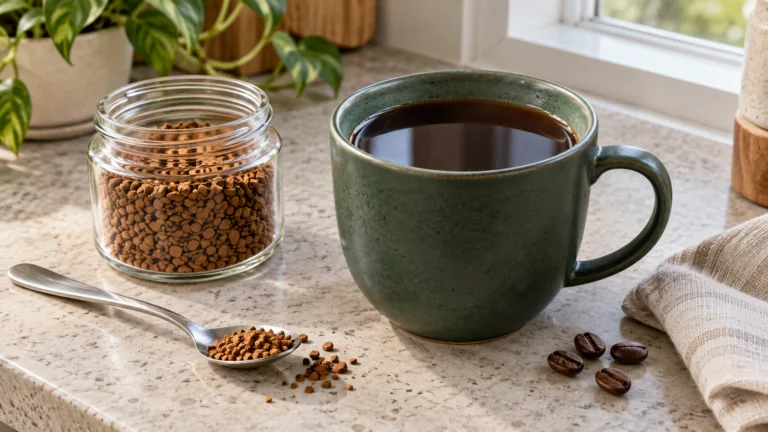 A cup of black instant coffee beside a jar of coffee granules