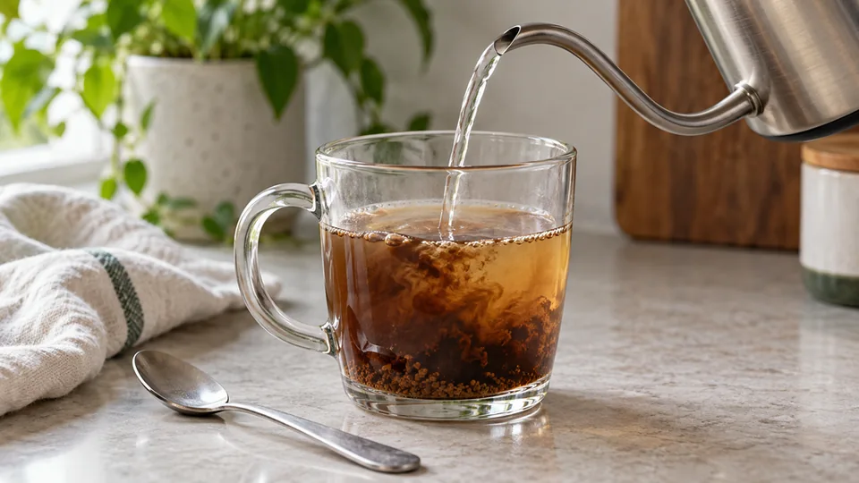Warm water being poured over instant coffee granules in a glass mug