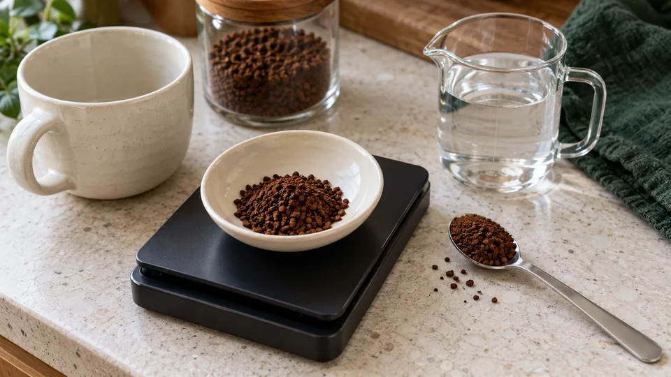 Instant coffee granules measured on a kitchen scale