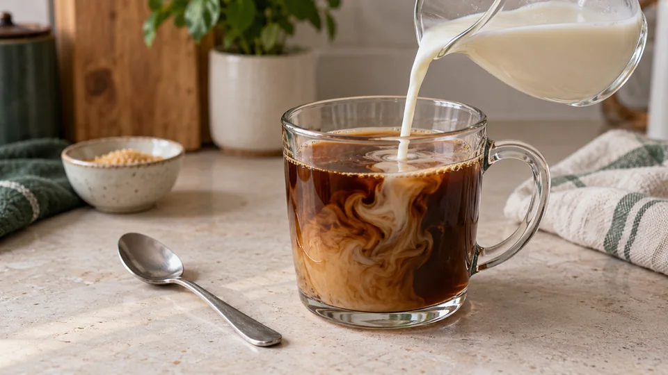 Adding milk to a cup of prepared instant coffee