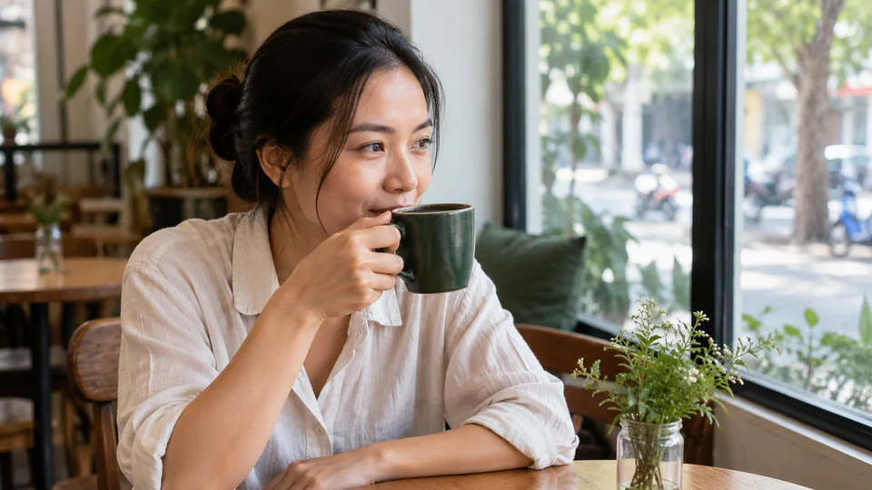 A woman enjoying coffee by a café window
