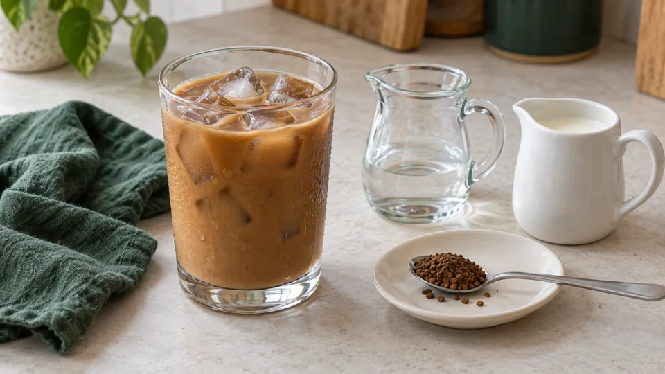Iced instant coffee with milk beside simple preparation ingredients