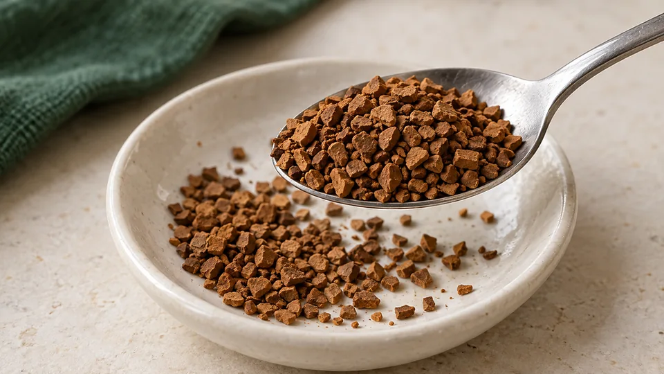 Close-up of freeze-dried instant coffee granules on a teaspoon