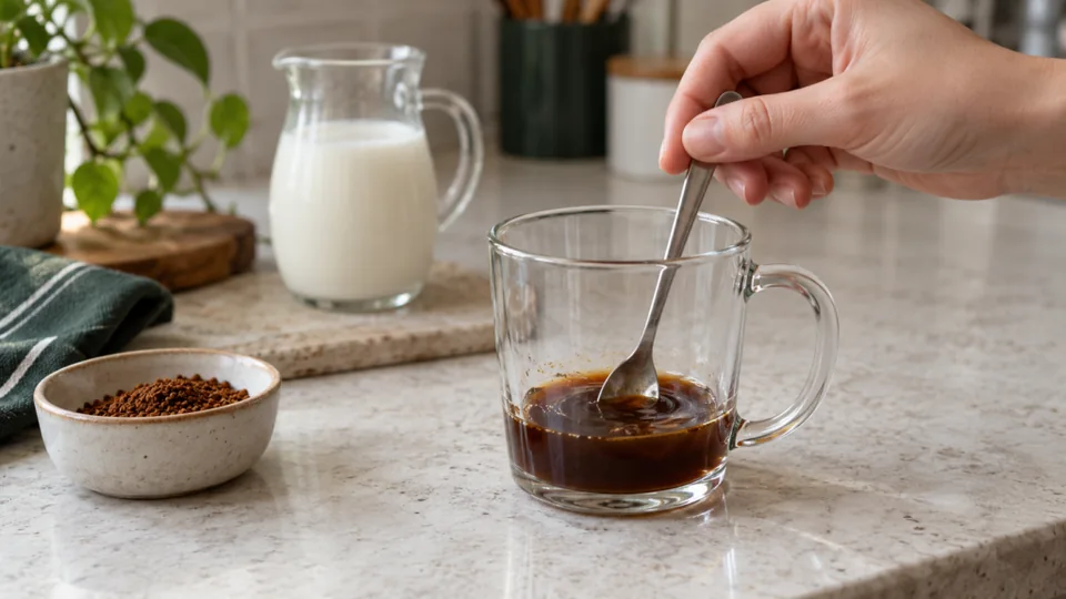 Stirring instant coffee into a small amount of warm water