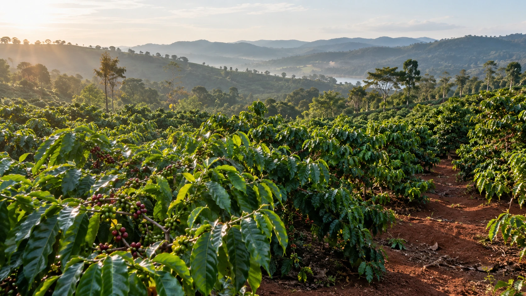 Illustrative Robusta coffee growing landscape inspired by Daklak, Vietnam