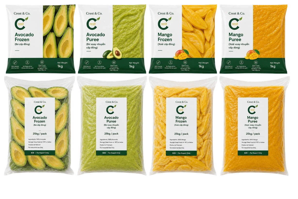 Original Crest company packaging: avocado and mango, frozen pieces and purée, in small and bulk packs