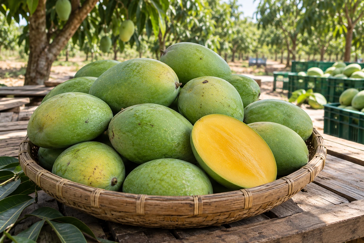 Illustrative Keo mango fruit, showing its shape and cut flesh